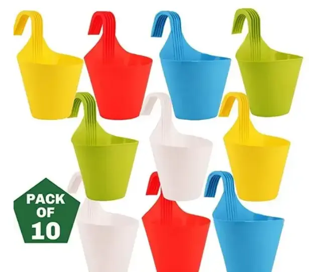 Plastic Hanging/Railing Pots for Plants and Flower Pots Planter Ideal for Outdoor Balcony Plant Container Set (Pack of 10)